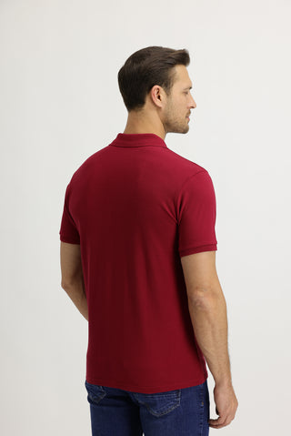  Koyu Kırmızı Polo Yaka Slim Fit Dar Kesim Nakışlı Pamuk Tişört