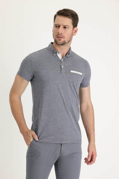 Orta Antrasit Polo Yaka Slim Fit Dar Kesim Pamuklu Tişört
