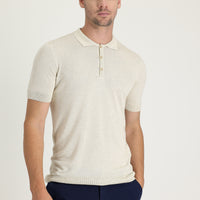 Ekru Polo Yaka Slim Fit Dar Kesim Keten Karışımlı Tişört