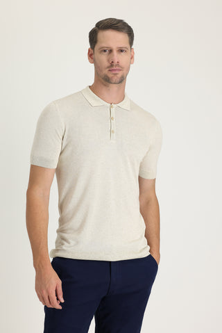  Ekru Polo Yaka Slim Fit Dar Kesim Keten Tişört