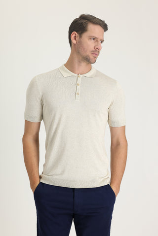  Ekru Polo Yaka Slim Fit Dar Kesim Keten Tişört