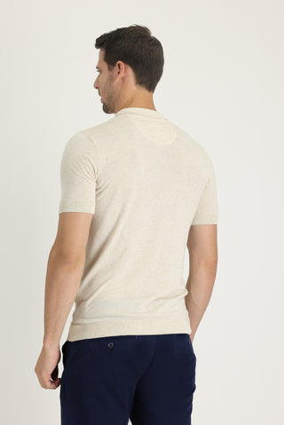  Ekru Polo Yaka Slim Fit Dar Kesim Keten Tişört