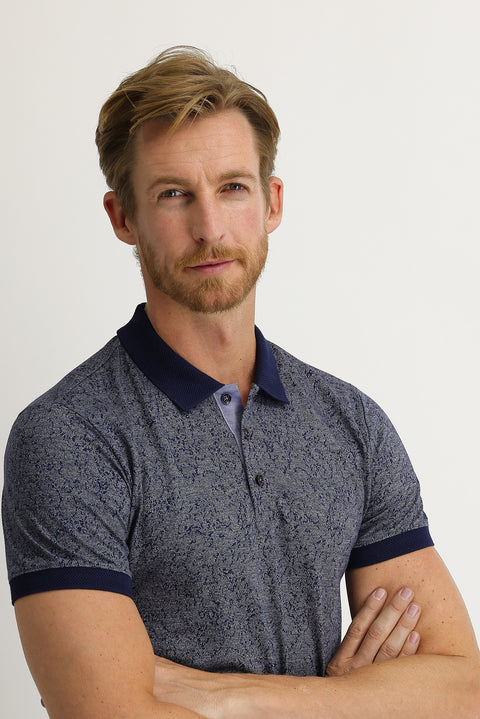 Orta Lacivert Polo Yaka Slim Fit Dar Kesim Desenli Tişört