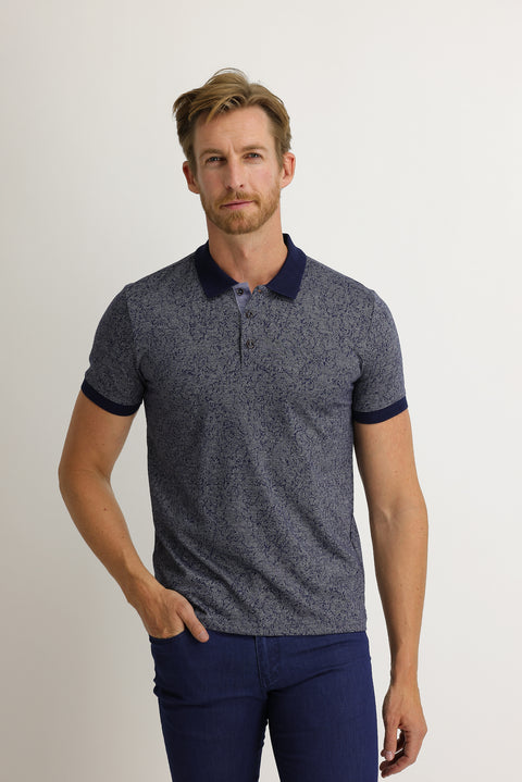 Orta Lacivert Polo Yaka Slim Fit Dar Kesim Desenli Tişört