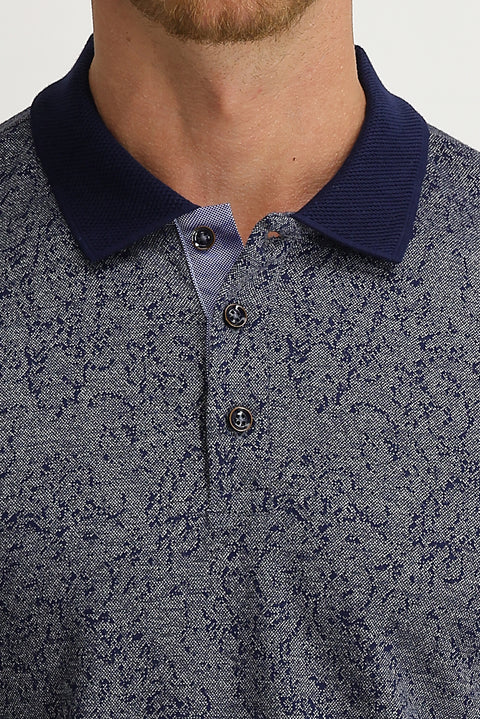 Orta Lacivert Polo Yaka Slim Fit Dar Kesim Desenli Tişört