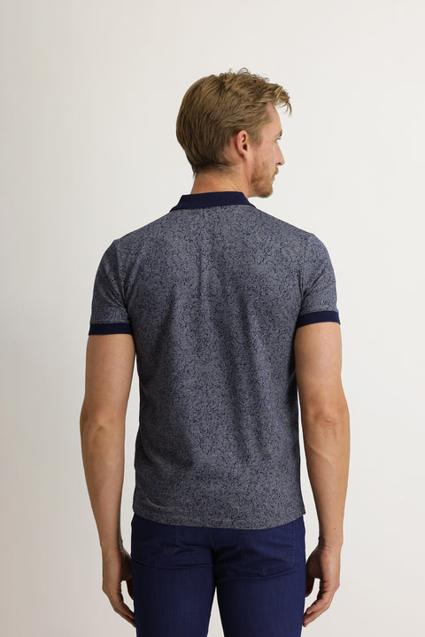 Orta Lacivert Polo Yaka Slim Fit Dar Kesim Desenli Tişört