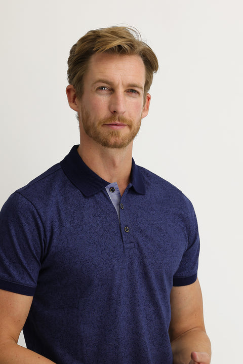 Koyu Lacivert Polo Yaka Slim Fit Dar Kesim Desenli Tişört