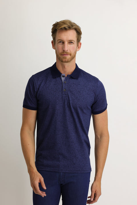 Koyu Lacivert Polo Yaka Slim Fit Dar Kesim Desenli Tişört