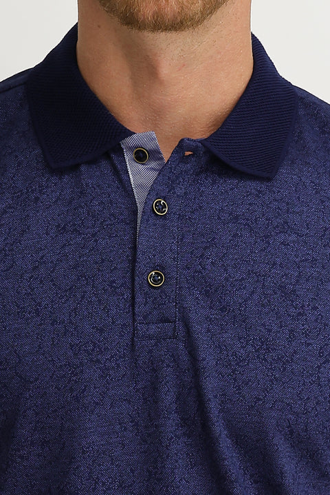 Koyu Lacivert Polo Yaka Slim Fit Dar Kesim Desenli Tişört