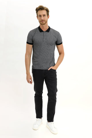 Siyah Polo Yaka Slim Fit Dar Kesim Desenli Tişört