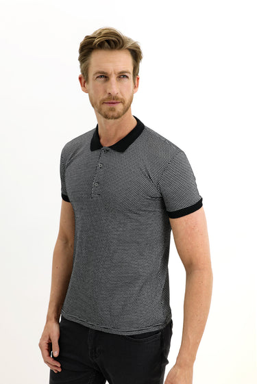Siyah Polo Yaka Slim Fit Dar Kesim Desenli Tişört