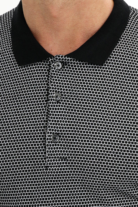Siyah Polo Yaka Slim Fit Dar Kesim Desenli Tişört
