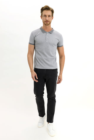  Orta Gri Polo Yaka Slim Fit Dar Kesim Desenli Tişört