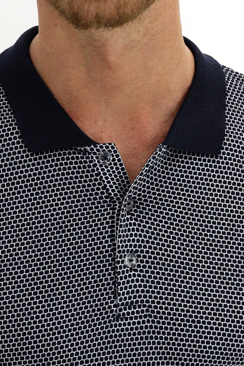 Orta Lacivert Polo Yaka Slim Fit Dar Kesim Desenli Tişört