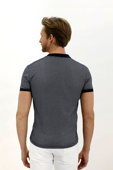 Orta Lacivert Polo Yaka Slim Fit Dar Kesim Desenli Tişört