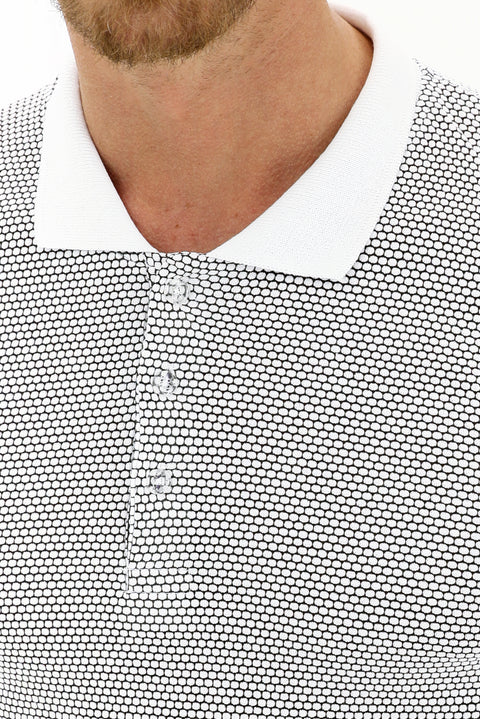 Beyaz Polo Yaka Slim Fit Dar Kesim Desenli Tişört