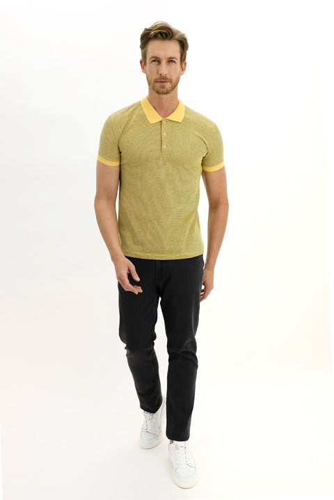 Açık Sarı Polo Yaka Slim Fit Dar Kesim Desenli Tişört