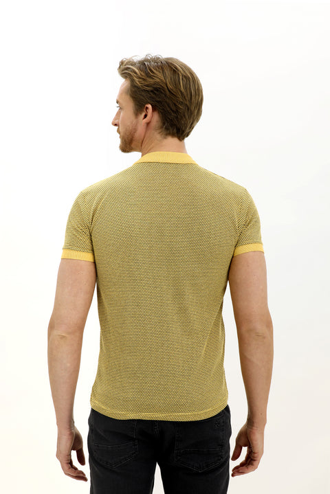 Açık Sarı Polo Yaka Slim Fit Dar Kesim Desenli Tişört