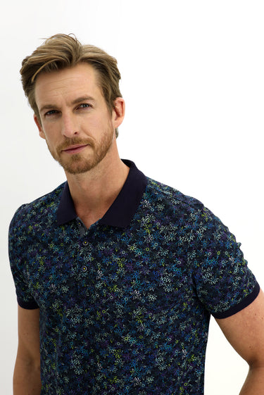 Orta Lacivert Polo Yaka Slim Fit Dar Kesim Desenli Pamuk Tişört