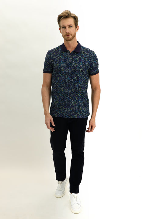 Orta Lacivert Polo Yaka Slim Fit Dar Kesim Desenli Pamuk Tişört