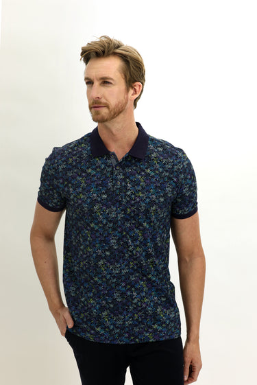 Orta Lacivert Polo Yaka Slim Fit Dar Kesim Desenli Pamuk Tişört