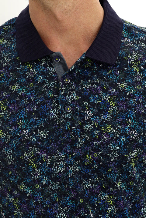 Orta Lacivert Polo Yaka Slim Fit Dar Kesim Desenli Pamuk Tişört