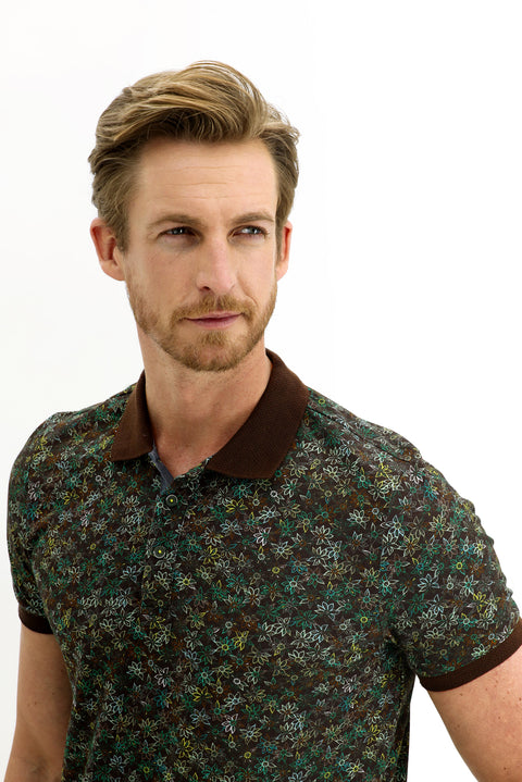 Orta Kahve Polo Yaka Slim Fit Dar Kesim Desenli Pamuk Tişört