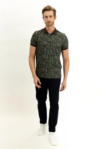  Orta Kahve Polo Yaka Slim Fit Dar Kesim Desenli Pamuk Tişört