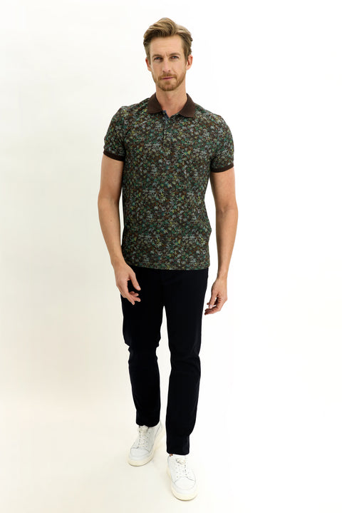 Orta Kahve Polo Yaka Slim Fit Dar Kesim Desenli Pamuk Tişört