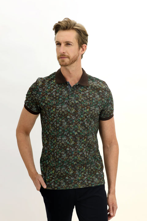 Orta Kahve Polo Yaka Slim Fit Dar Kesim Desenli Pamuk Tişört