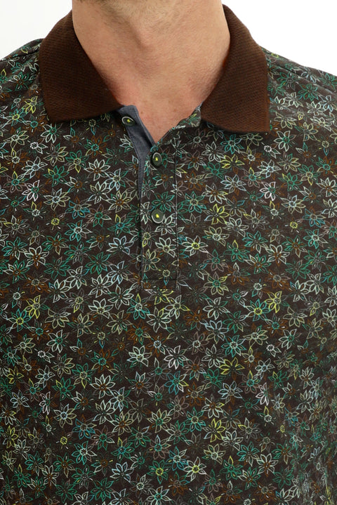 Orta Kahve Polo Yaka Slim Fit Dar Kesim Desenli Pamuk Tişört