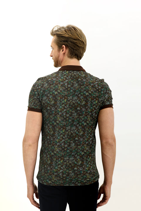 Orta Kahve Polo Yaka Slim Fit Dar Kesim Desenli Pamuk Tişört