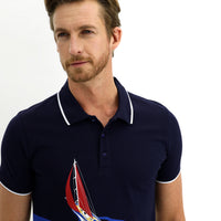 Orta Lacivert Polo Yaka Slim Fit Dar Kesim Baskılı Pamuk Tişört