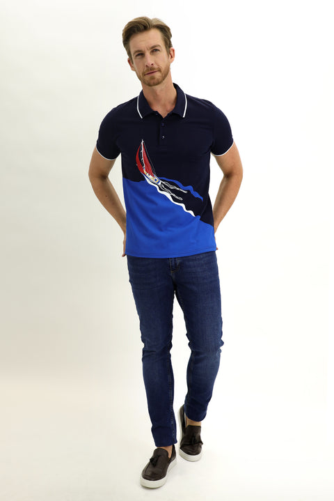 Orta Lacivert Polo Yaka Slim Fit Dar Kesim Baskılı Pamuk Tişört