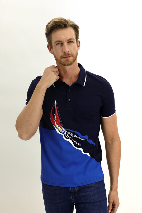 Orta Lacivert Polo Yaka Slim Fit Dar Kesim Baskılı Pamuk Tişört