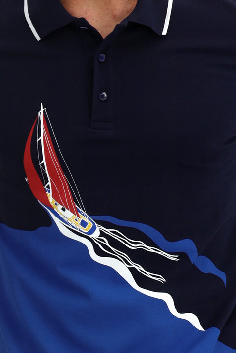 Orta Lacivert Polo Yaka Slim Fit Dar Kesim Baskılı Pamuk Tişört