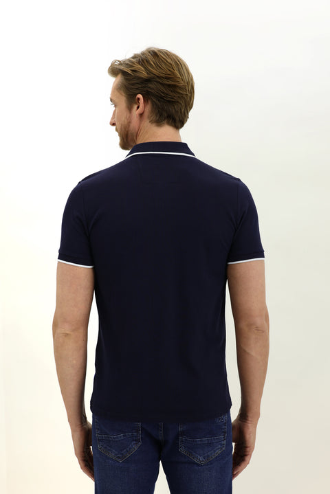Orta Lacivert Polo Yaka Slim Fit Dar Kesim Baskılı Pamuk Tişört