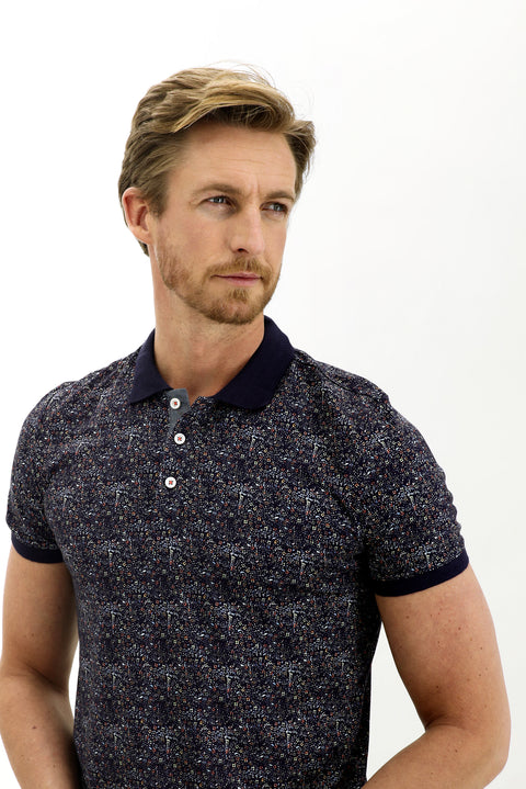 Orta Lacivert Polo Yaka Slim Fit Dar Kesim Desenli Pamuk Tişört