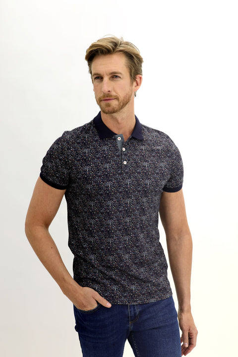 Orta Lacivert Polo Yaka Slim Fit Dar Kesim Desenli Pamuk Tişört