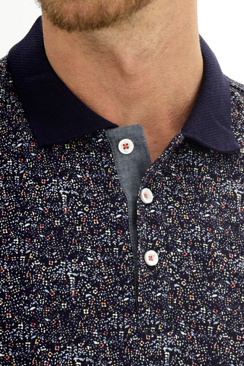 Orta Lacivert Polo Yaka Slim Fit Dar Kesim Desenli Pamuk Tişört