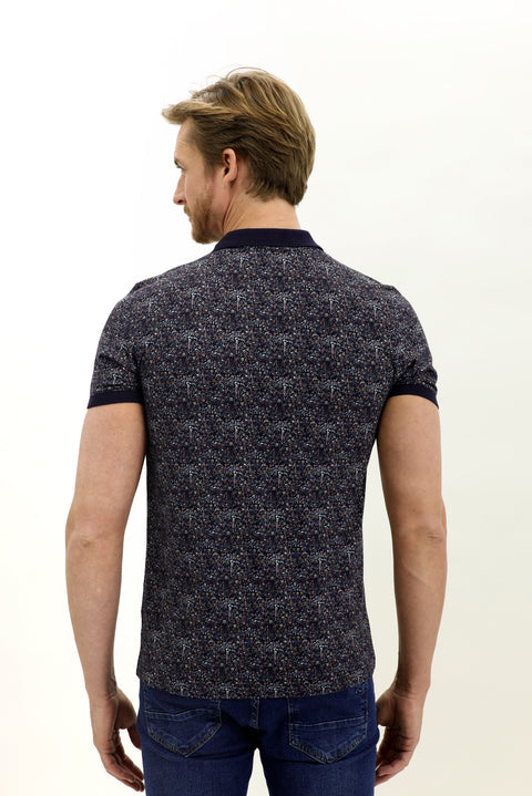 Orta Lacivert Polo Yaka Slim Fit Dar Kesim Desenli Pamuk Tişört