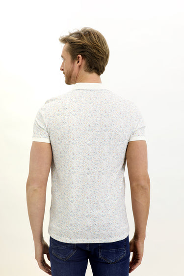 Beyaz Polo Yaka Slim Fit Dar Kesim Desenli Pamuk Tişört