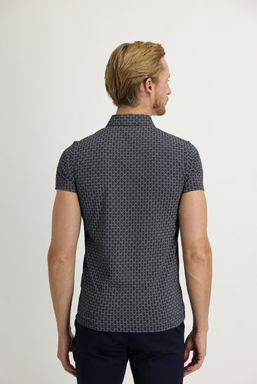 Orta Lacivert Polo Yaka Super Slim Fit Ekstra Dar Kesim Fit Baskılı Pamuk Tişört