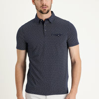 Orta Lacivert Polo Yaka Super Slim Fit Ekstra Dar Kesim Baskılı Pamuk Tişört