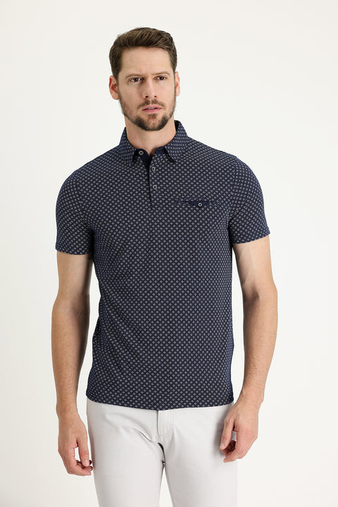 Orta Lacivert Polo Yaka Super Slim Fit Ekstra Dar Kesim Baskılı Pamuk Tişört