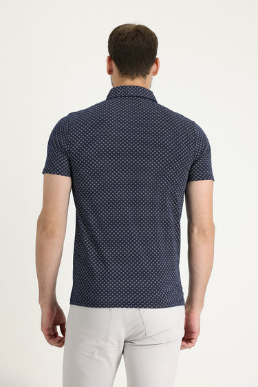 Orta Lacivert Polo Yaka Super Slim Fit Ekstra Dar Kesim Baskılı Pamuk Tişört