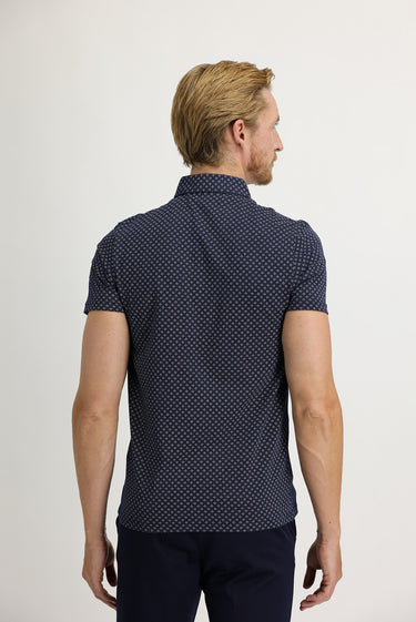 Orta Lacivert Polo Yaka Super Slim Fit Ekstra Dar Kesim Baskılı Pamuk Tişört