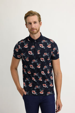  Orta Lacivert Polo Yaka Super Slim Fit Ekstra Dar Kesim Baskılı Pamuk Tişört