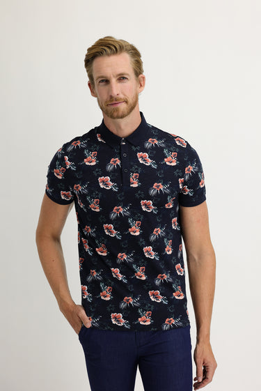 Orta Lacivert Polo Yaka Super Slim Fit Ekstra Dar Kesim Baskılı Pamuk Tişört