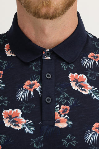  Orta Lacivert Polo Yaka Super Slim Fit Ekstra Dar Kesim Baskılı Pamuk Tişört